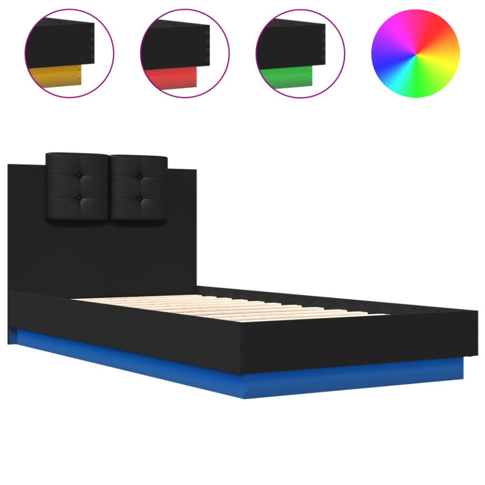 vidaXL Bed Frame with Headboard and LED Lights Bed Black 90x190 cm Single