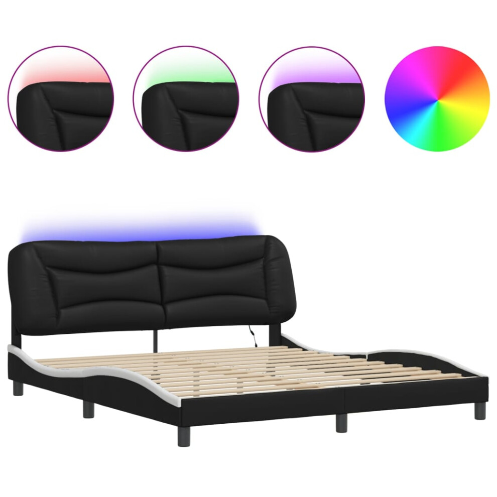 vidaXL Bed Frame with LED Lights Bed Black and White Super King Faux Leather