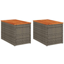 vidaXL 2-Piece Grey Poly Rattan Garden Side Tables with Solid Acacia Wood Tops & Powder-Coated Steel Frame