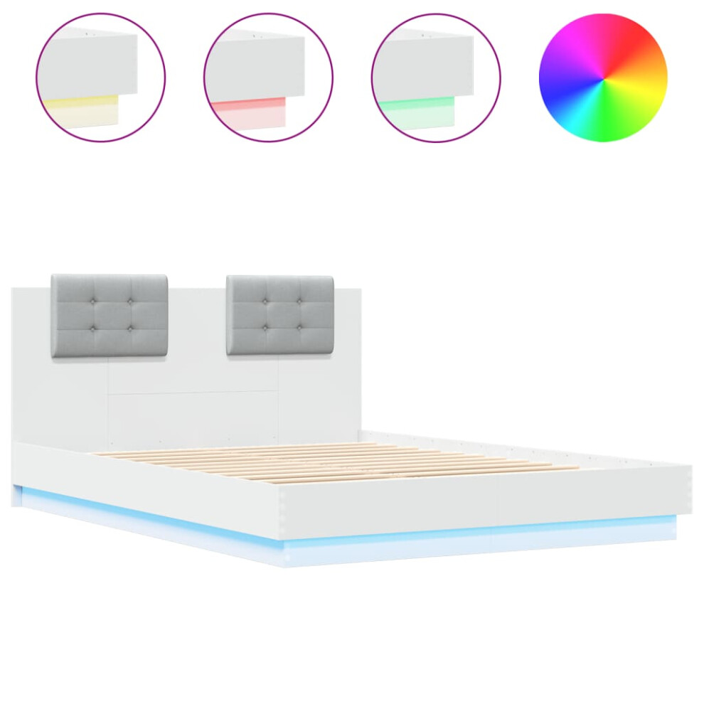 vidaXL Bed Frame with Headboard and LED Lights Home Bed Base White 140x200 cm