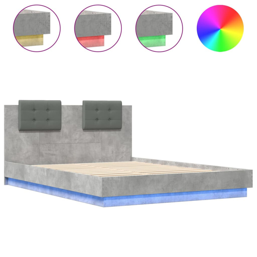 vidaXL Bed Frame with Headboard and LED Lights Bed Concrete Grey King Size