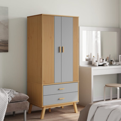 VidaXL vidaXL Wardrobe Closet Clothes Storage Cabinet Grey and Brown Solid Wood Pine 2