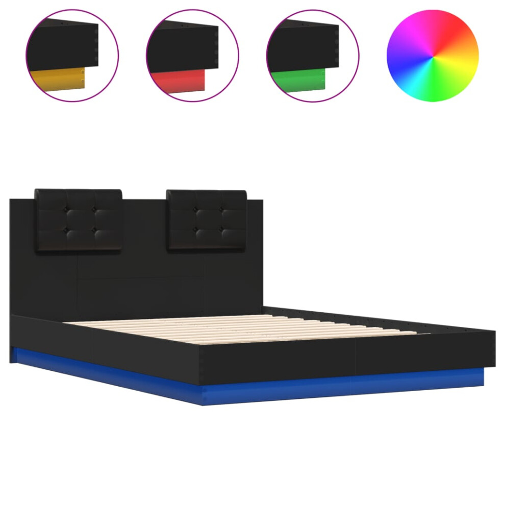 vidaXL Bed Frame with Headboard and LED Lights Bed Black 135x190 cm Double