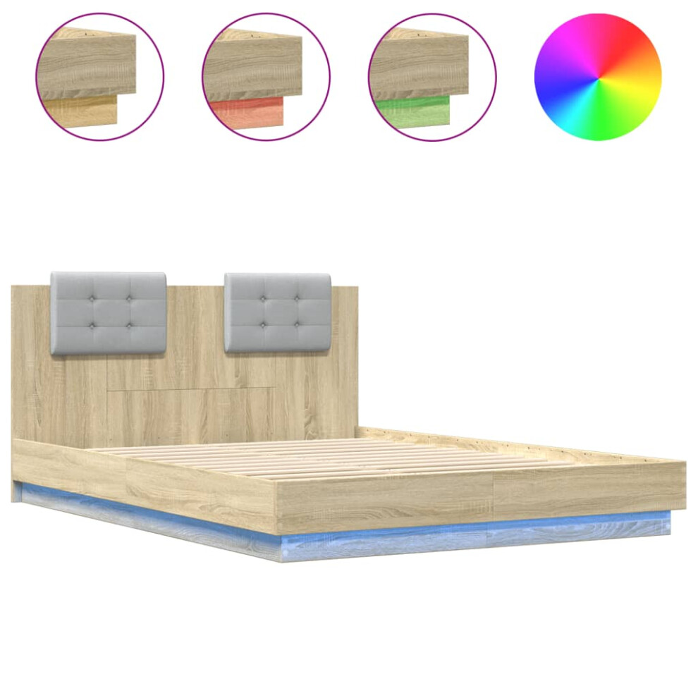 vidaXL Bed Frame with Headboard and LED Lights Bed Base Sonoma Oak 140x200 cm