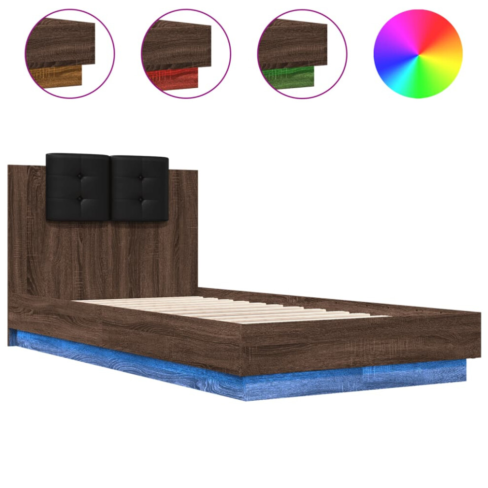 Vidaxl Bed Frame With Headboard And Led Lights Brown Oak 90X190 Cm Single