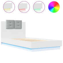 vidaXL Bed Frame with Headboard & RGB LED Lights, White, 90x190 cm Single - Engineered Wood, Plywood Slats