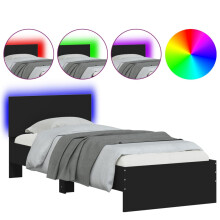 vidaXL Black Engineered Wood Bed Frame with Headboard & RGB LED Lights, 75x190 cm Small Single