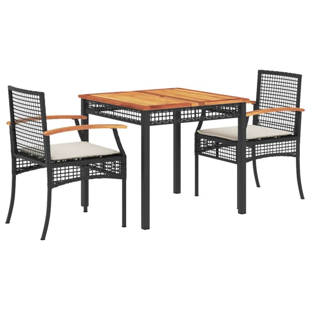 vidaXL Garden Dining Set 3 Piece with Cushions Outdoor Chair Black Poly Rattan