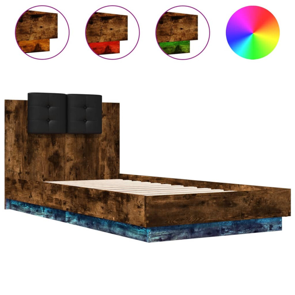 vidaXL Bed Frame with Headboard and LED Lights Bed Smoked Oak Small Single