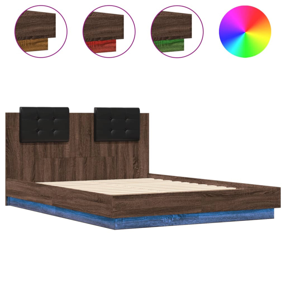 Vidaxl Bed Frame With Headboard And Led Lights Brown Oak 135X190 Cm Double