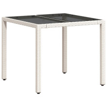 vidaXL Garden Table with Glass Top Outdoor Dining Table White Poly Rattan