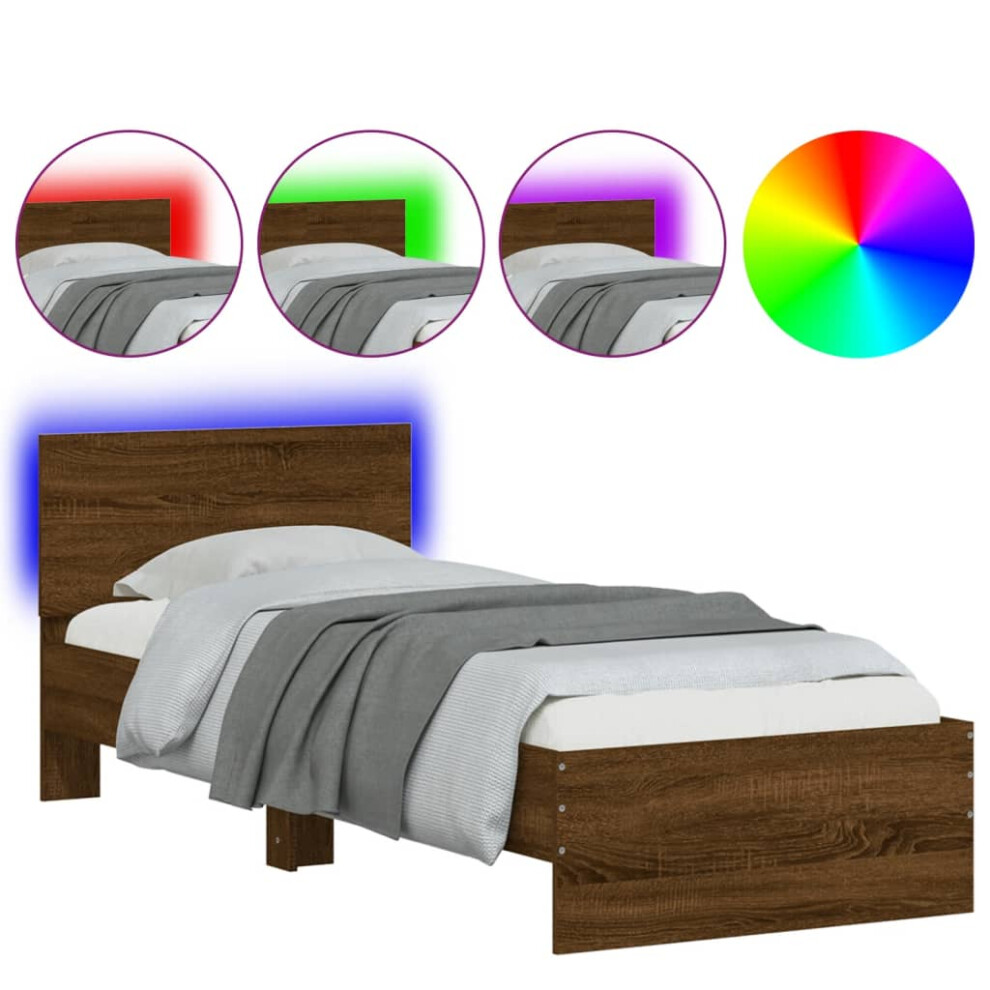 Vidaxl Bed Frame With Headboard & Led Lights Brown Oak 75X190 Cm Small Single