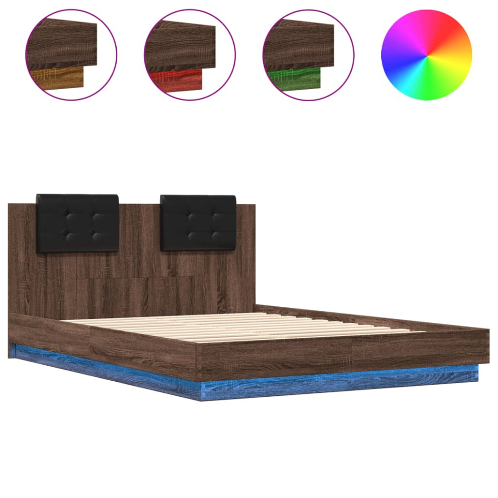 vidaXL Bed Frame With Headboard And LED Lights Brown Oak 150x200 Cm King Size