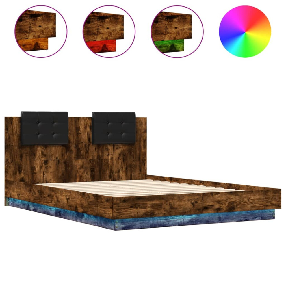 vidaXL Bed Frame with Headboard and LED Lights Bed Base Smoked Oak 120x200 cm