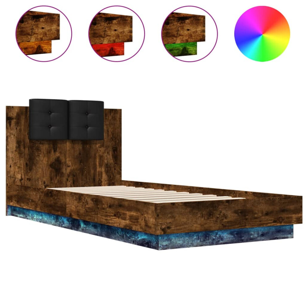 vidaXL Bed Frame with Headboard and LED Lights Bed Base Smoked Oak 100x200 cm