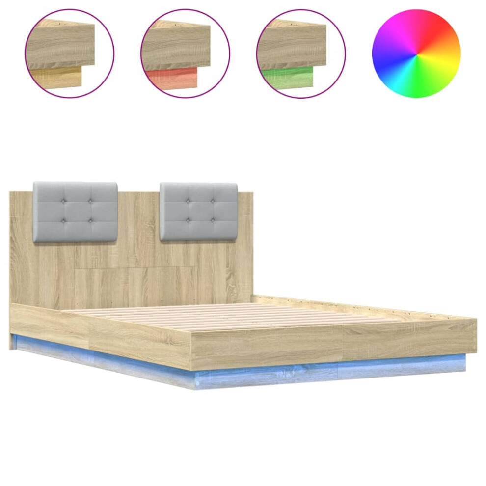 vidaXL Bed Frame with Headboard and LED Lights Bed Base Sonoma Oak 140x190 cm