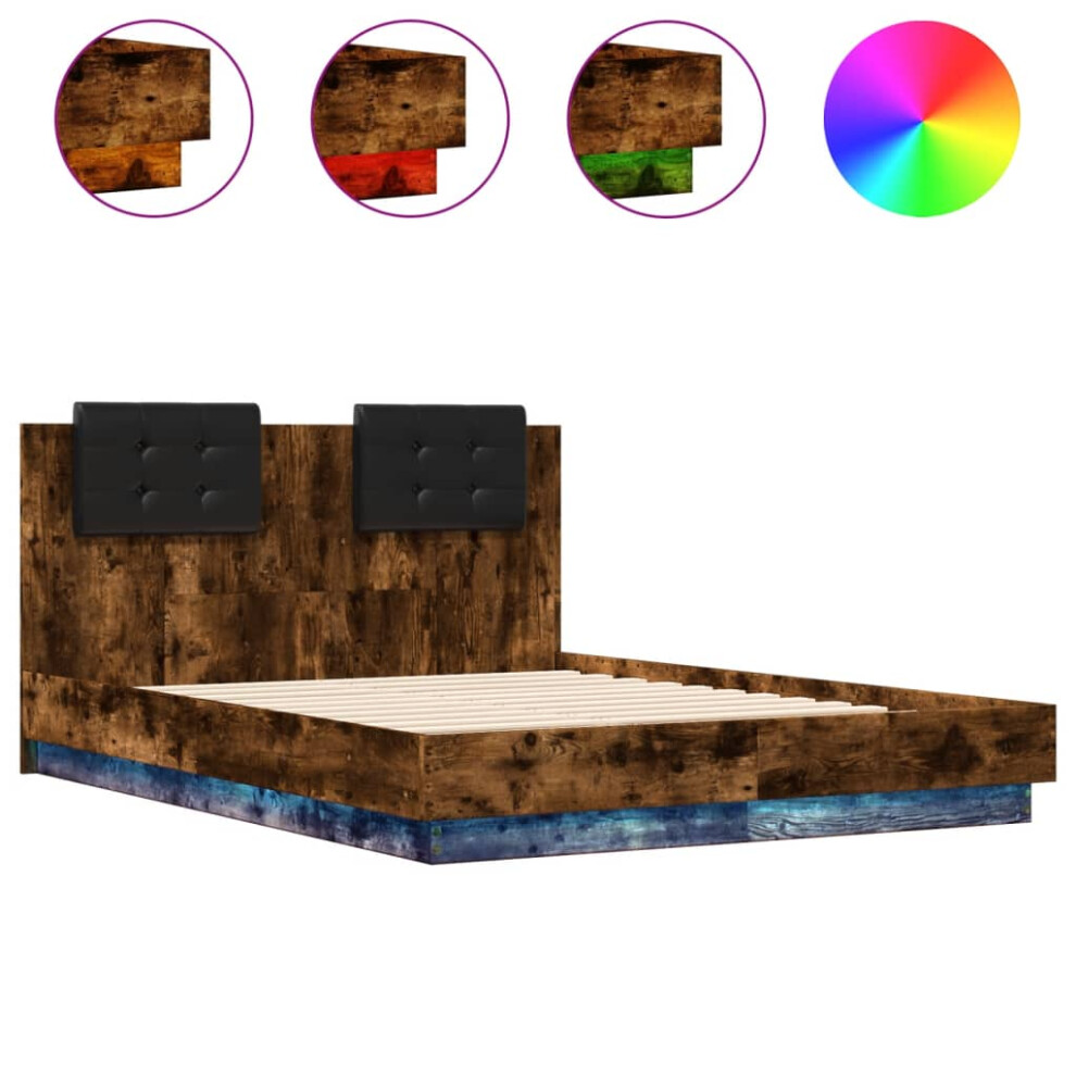 vidaXL Bed Frame with Headboard and LED Lights Bed Base Smoked Oak 140x190 cm