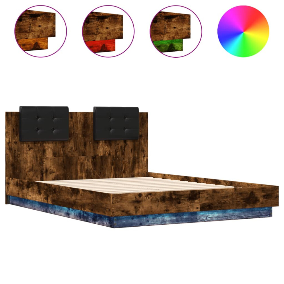 vidaXL Bed Frame with Headboard and LED Lights Smoked Oak 135x190 cm Double