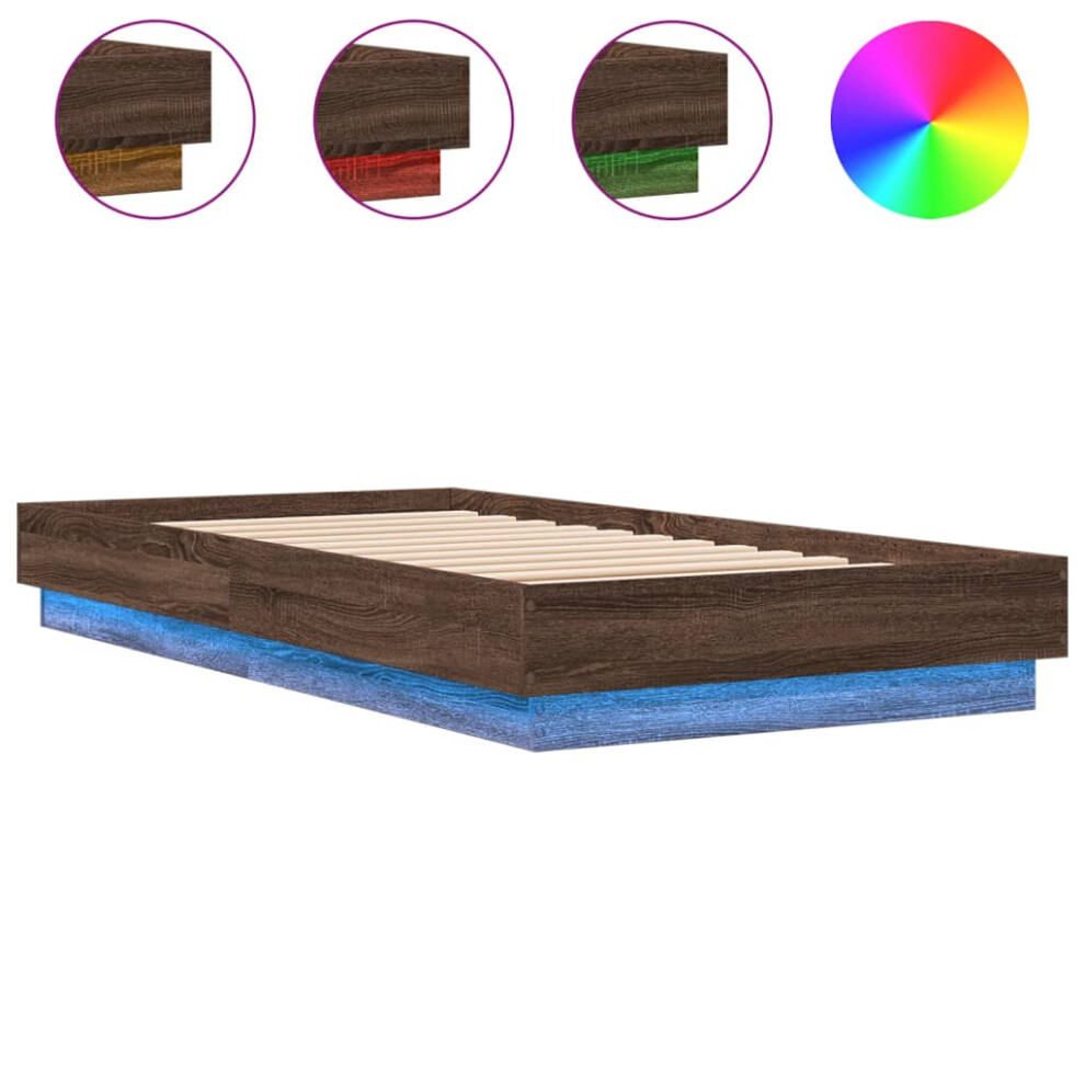 vidaXL Bed Frame with LED Lights Bed Base Brown Oak 75x190 cm Small Single