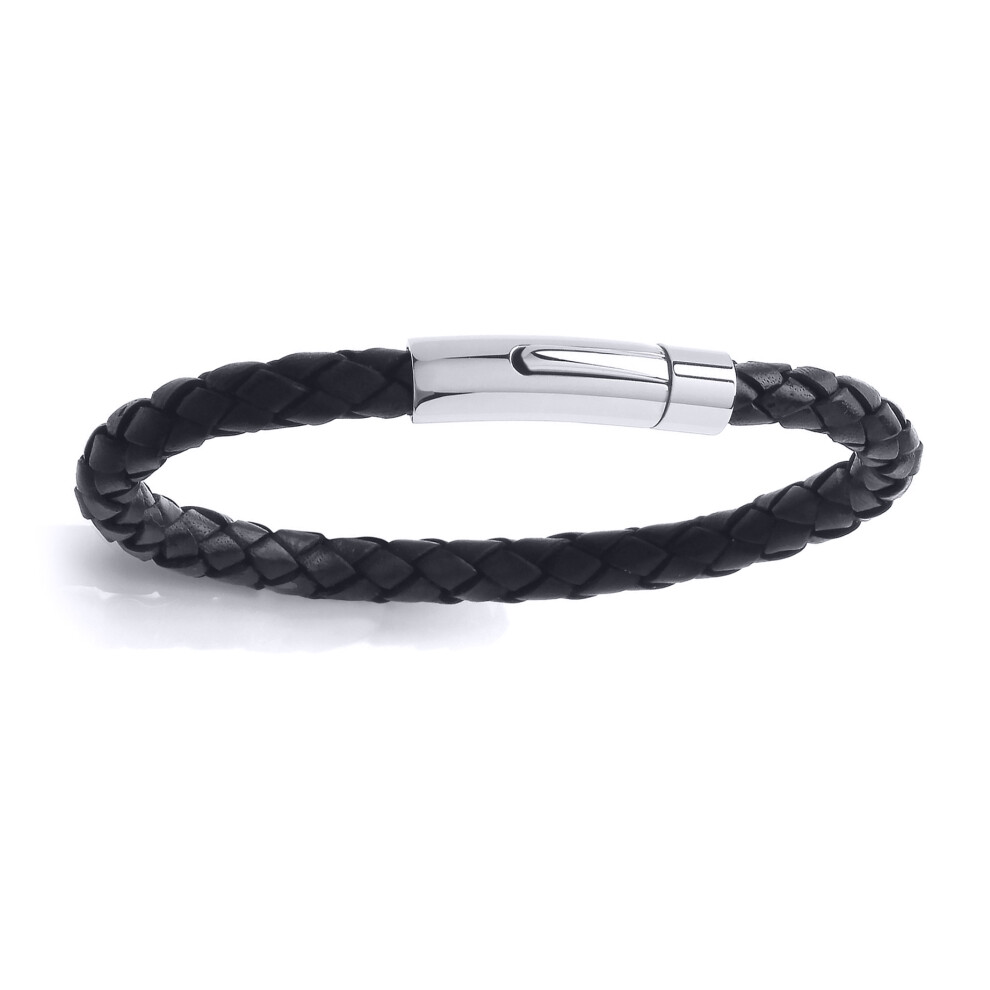 Jewelco London Mens Rhodium Plated Stainless Steel Black Leather Platted Cuff Bracelet 6mm 8 inch - BRC132