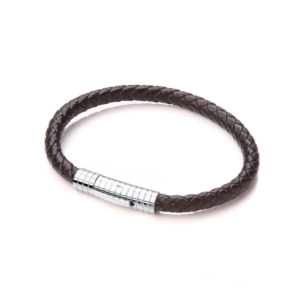 Jewelco London Mens Rhodium Plated Stainless Steel Black Leather Platted Cuff Bracelet 9mm 8.5 inch - BRC156
