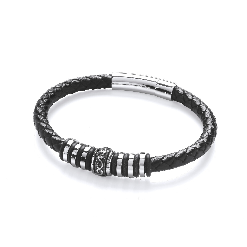 Jewelco London Mens Black Leather Stainless Steel Plain Weave Tribal Scroll Rings Strap Bracelet 6mm 8 inch - BRC186