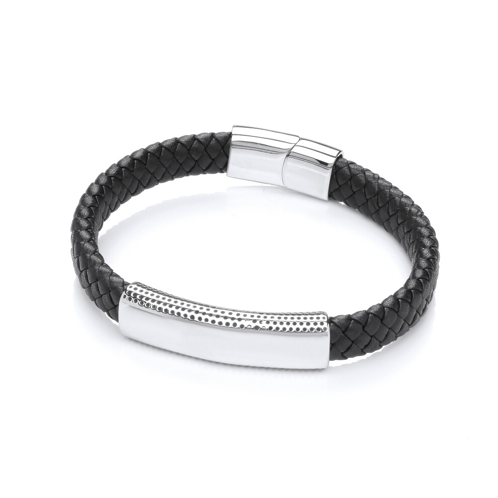 Jewelco London Mens Black Leather Stainless Steel Flat Plain Weave ID Bar Strap Bracelet 8 inch - BRC187