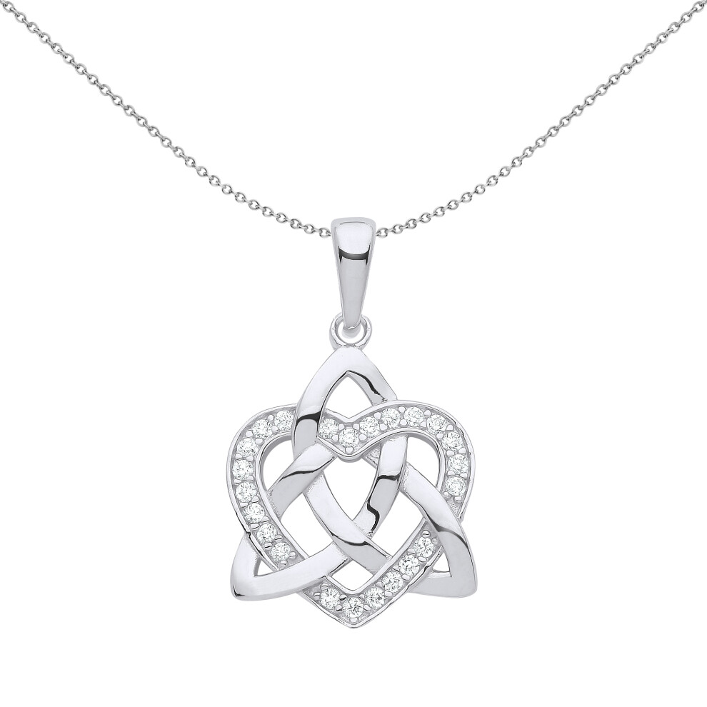Jewelco London Ladies Rhodium Plated Sterling Silver CZ Love Heart Celtic Trinity Knot Pendant Necklace 18 inch - GVP564