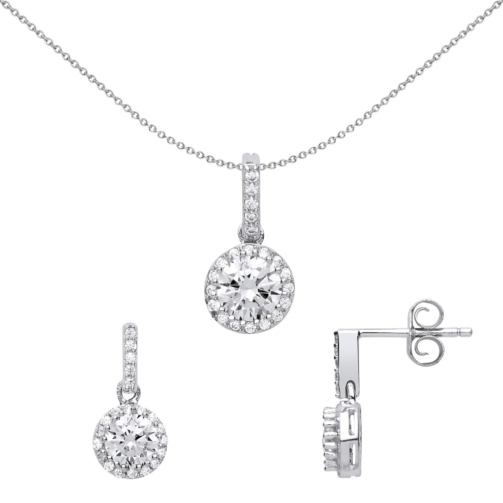 Jewelco London Ladies Sterling Silver Cubic Zirconia Halo Earrings Necklace Set - GSET608