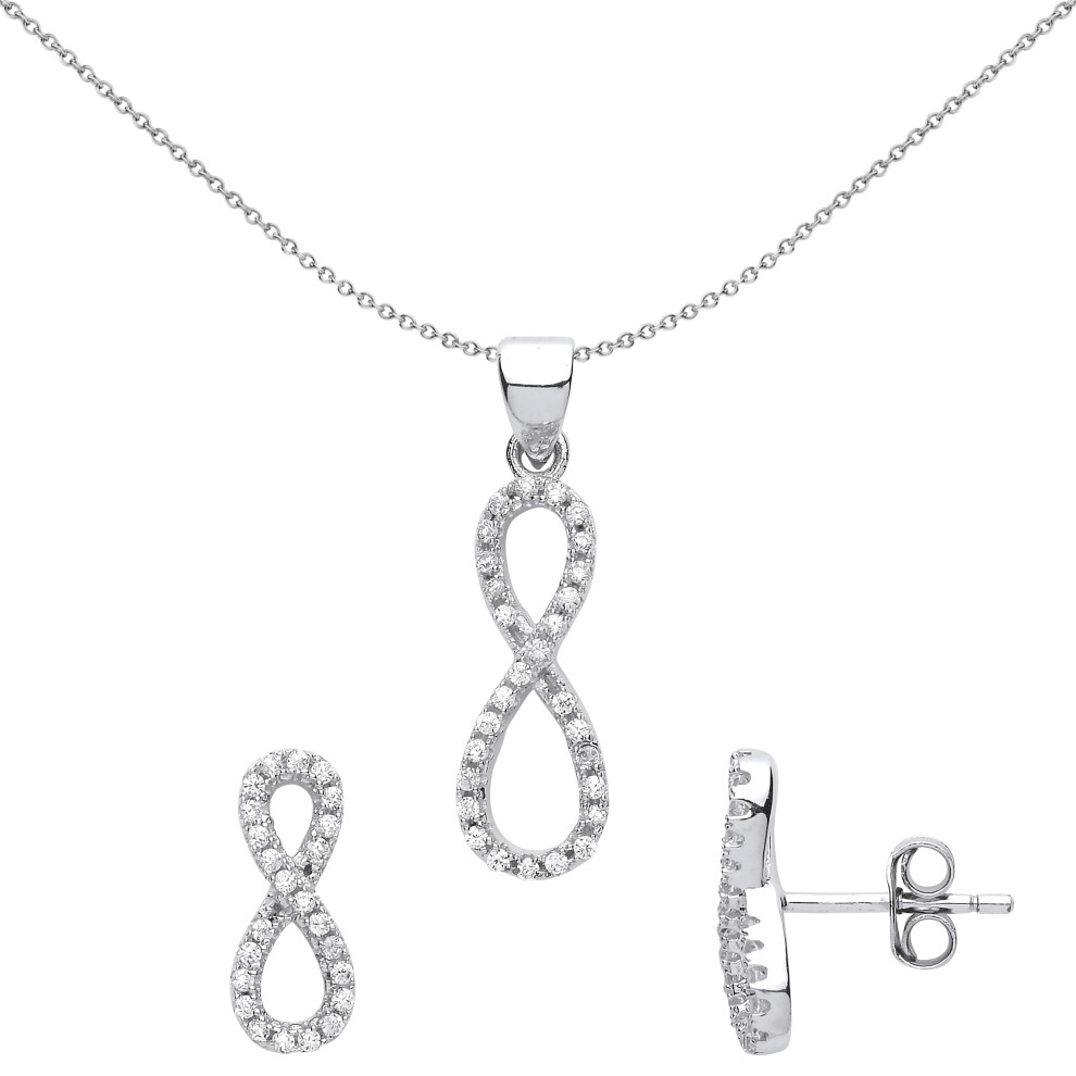 Jewelco London Ladies Sterling Silver Cubic Zirconia Infinity Earrings Necklace Set - GSET609