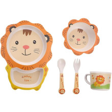 (lion) Children's Cutlery Set Bamboo 5-piece Set With Plate Bowl Cup Fork Spoon (frog)