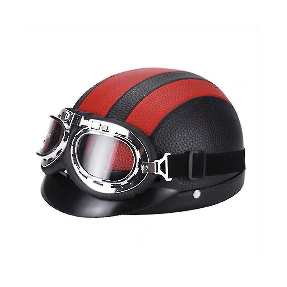 (Red) Retro Motorcycle Leather Half Helmet With Goggles Red 9033322280929