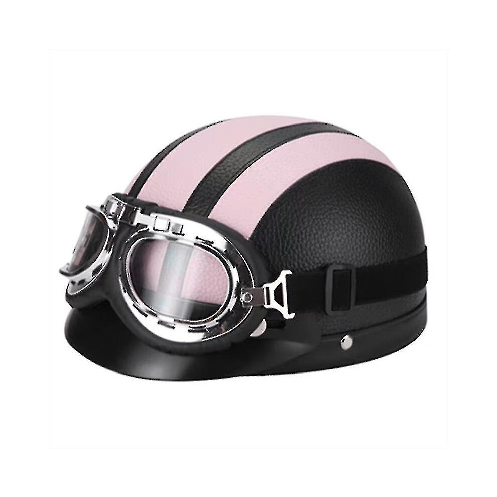 (Pink) Retro Motorcycle Leather Half Helmet With Goggles Pink 9033322280936