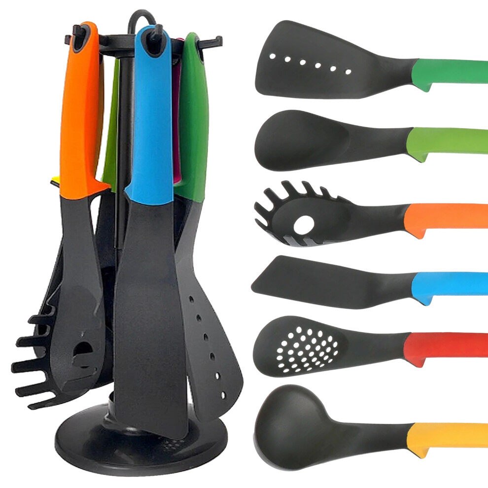 6 Piece Kitchen Utensils Cookware Set with Rotating Stand Cooking Set Nylon Server Spoon