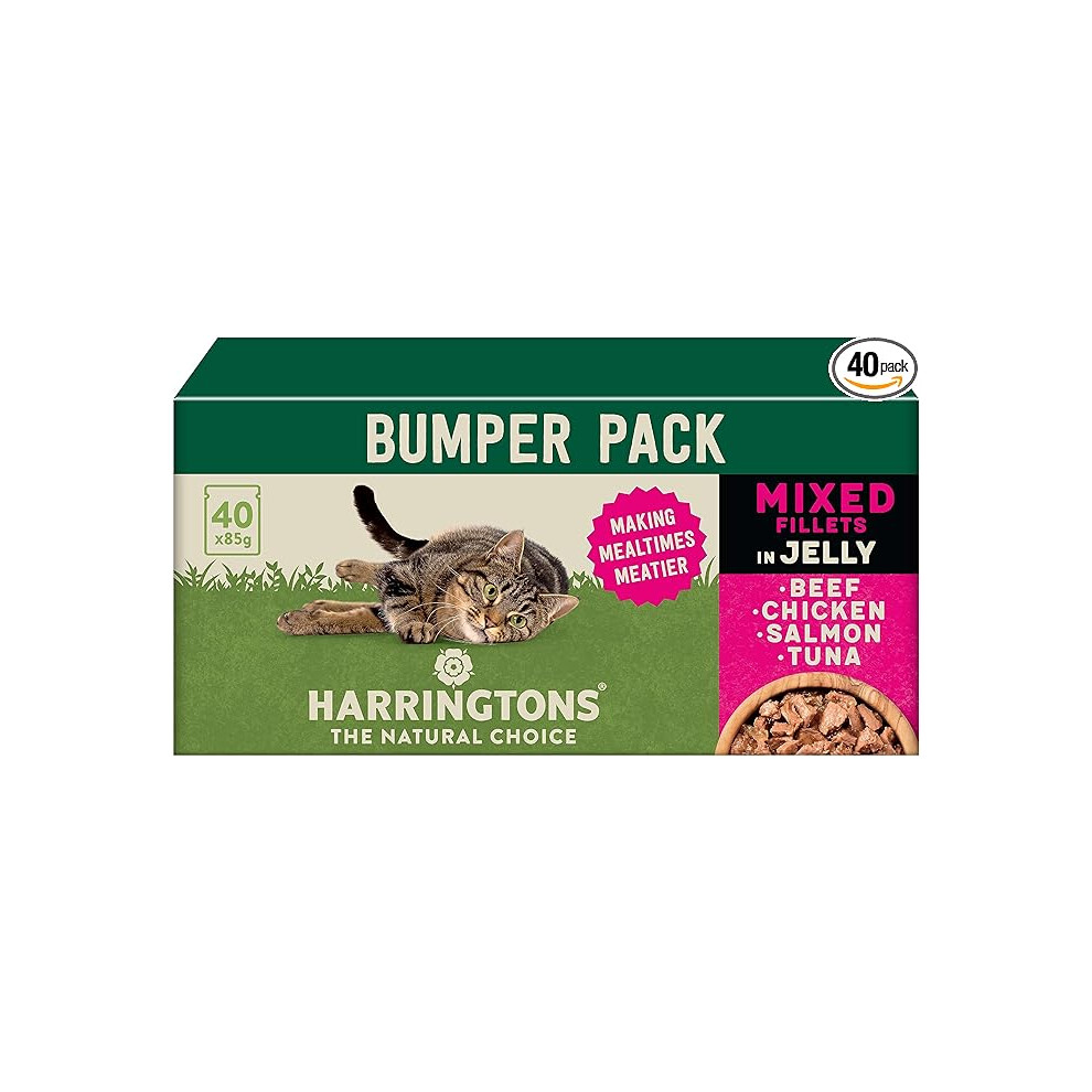 HARRINGTONS Complete Wet Pouch Grain Free Hypoallergenic Adult Cat Food Mixed in Jelly Pack 40x85g Beef Chicken Salmon Tuna Making Mealtimes Meatier