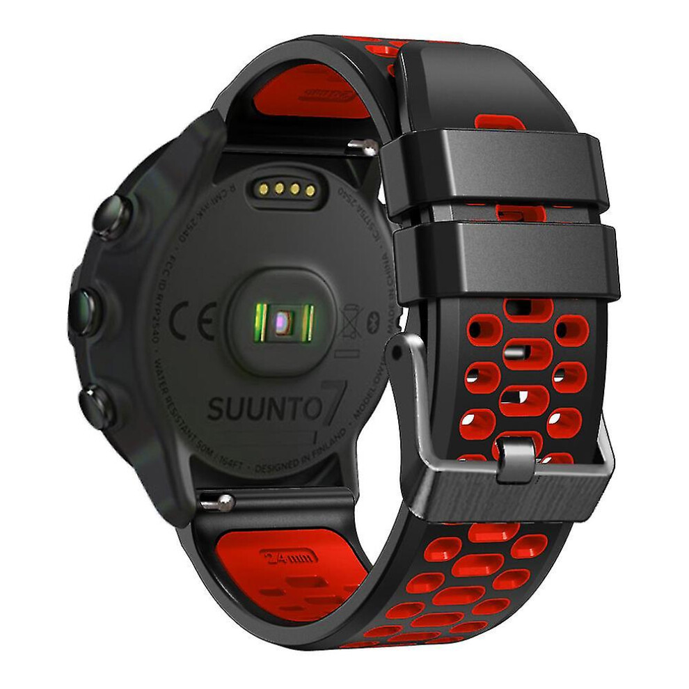 (Black Red) For Suunto 7 / 9 / 9 Baro Dual-Color Silicone Watch Band 24Mm Multi-Hole Design Quick Release Wristband Strap Black,Red