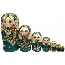 7pcs Cute Green Sweater Braid Girl Russian Nesting Dolls Matryoshka Toys