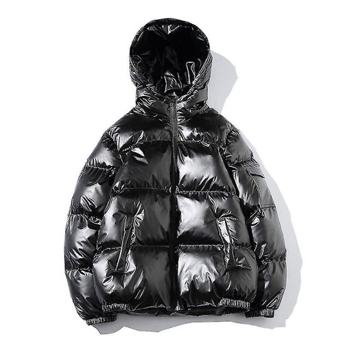 (M, Black) Men's Glossy Puffer Jacket Metallic Shiny Down Coat