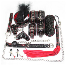 (Black) 10pcs Adults Toys Set Diamond Grain Leather Handcuffs Whip Rope Flirting Bundled Sexual Toys For Couples