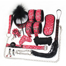 (Pink) 10pcs Adults Toys Set Diamond Grain Leather Handcuffs Whip Rope Flirting Bundled Sexual Toys For Couples