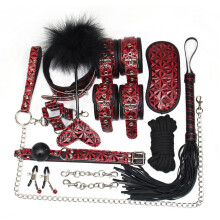 (Burgundy) 10pcs Adults Toys Set Diamond Grain Leather Handcuffs Whip Rope Flirting Bundled Sexual Toys For Couples