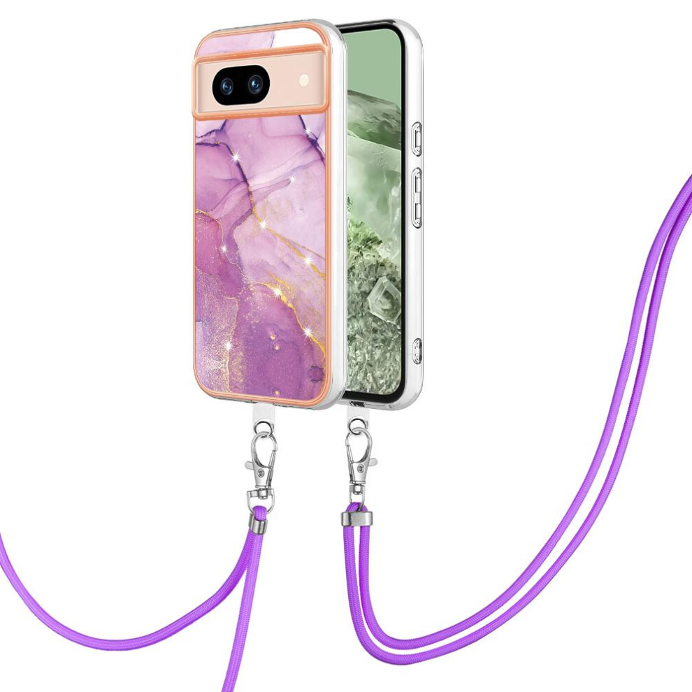 ( Violet) Case For Google Pixel 8A Bumper Anti-Scratch Soft Crossbody Lanyard Strap Marble Light 764762635275
