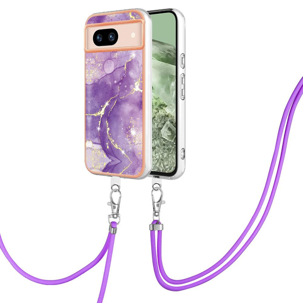 (Purple) Case For Google Pixel 8A Bumper Anti-Scratch Soft Crossbody Lanyard Strap Marble Purple 764762635268