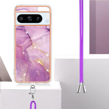 (Light Violet) Case For Google Pixel 8 PRO Bumper Crossbody Lanyard Strap Marble Anti-Scratch Soft