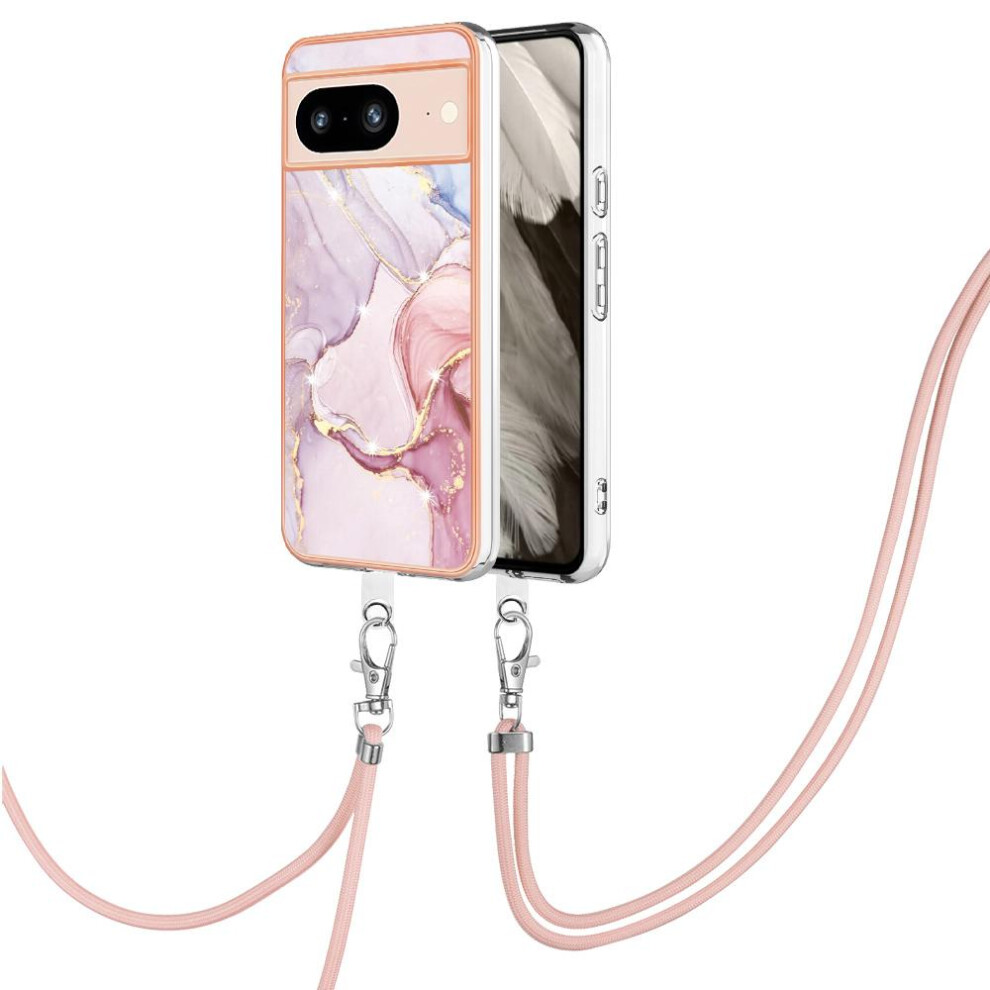 (Pink) Case For Google Pixel 8 Anti-Scratch Soft Bumper Crossbody Lanyard Strap Marble Pink 764762635404
