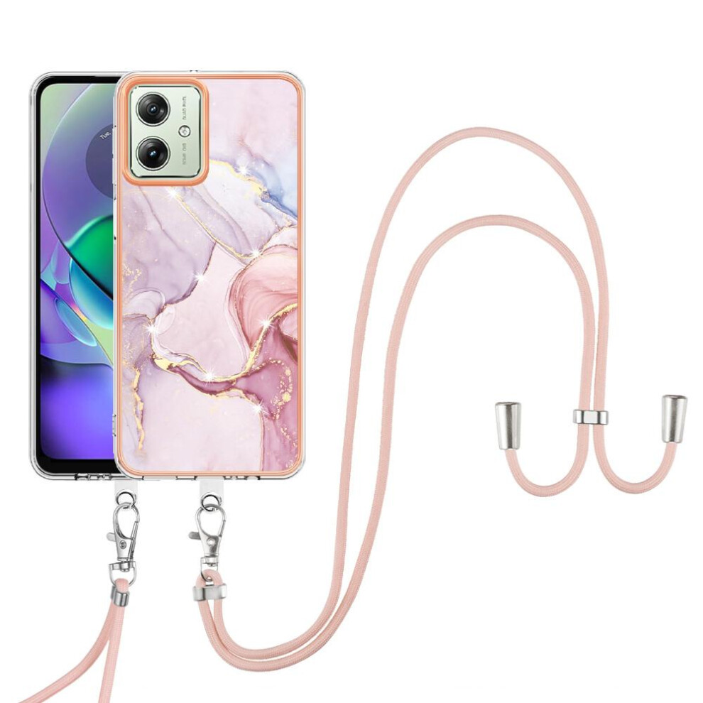 (Pink) Case For Motorola Moto G54 Crossbody Lanyard Strap Bumper Marble Anti-Scratch Soft Pink 764762635763