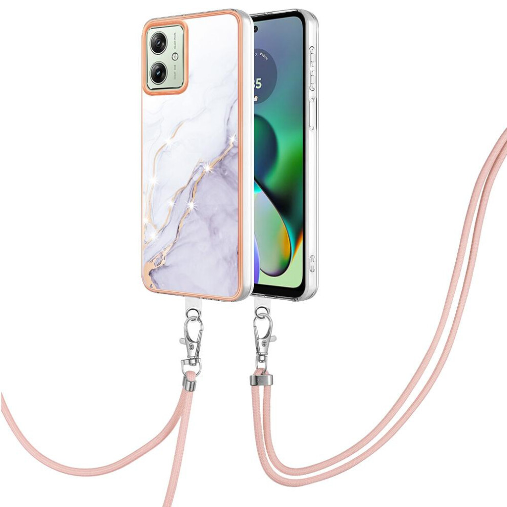 (White) Case For Motorola Moto G54 Crossbody Lanyard Strap Bumper Marble Anti-Scratch Soft White 764762635770