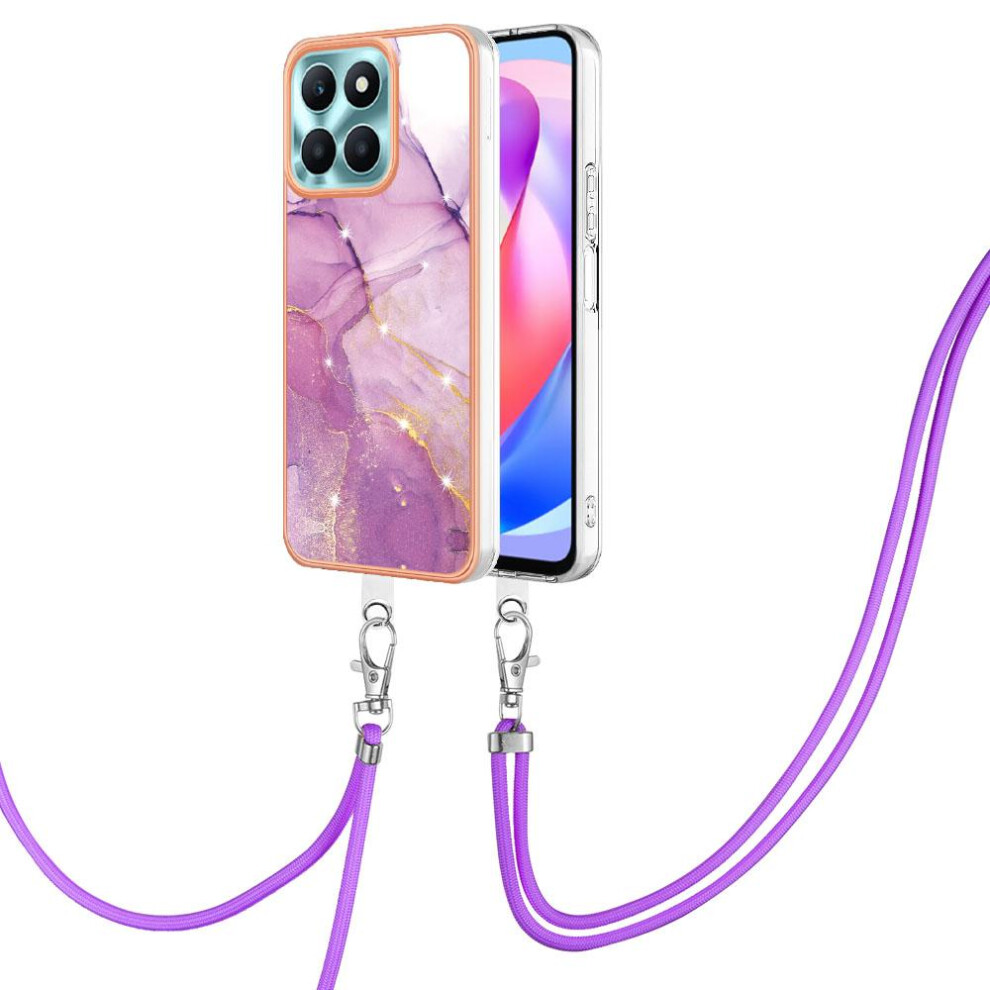 ( Violet) Case For Honor X6a Bumper Anti-Scratch Soft Crossbody Lanyard Strap Marble Light 764762635879