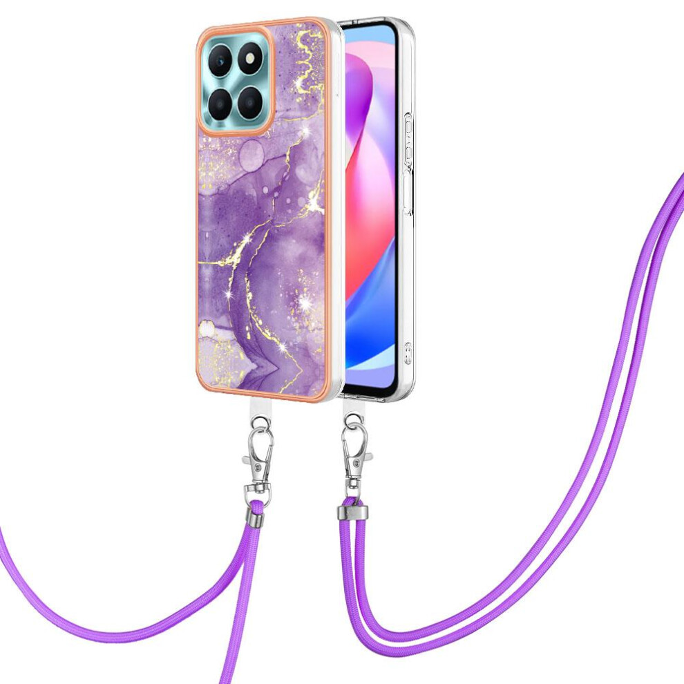 (Purple) Case For Honor X6a Bumper Anti-Scratch Soft Crossbody Lanyard Strap Marble Purple 764762635862