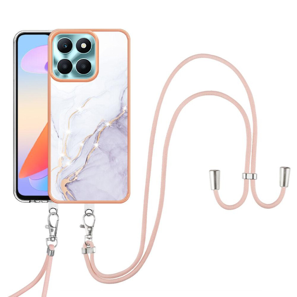 (White) Case For Honor X6a Bumper Anti-Scratch Soft Crossbody Lanyard Strap Marble White 764762635893